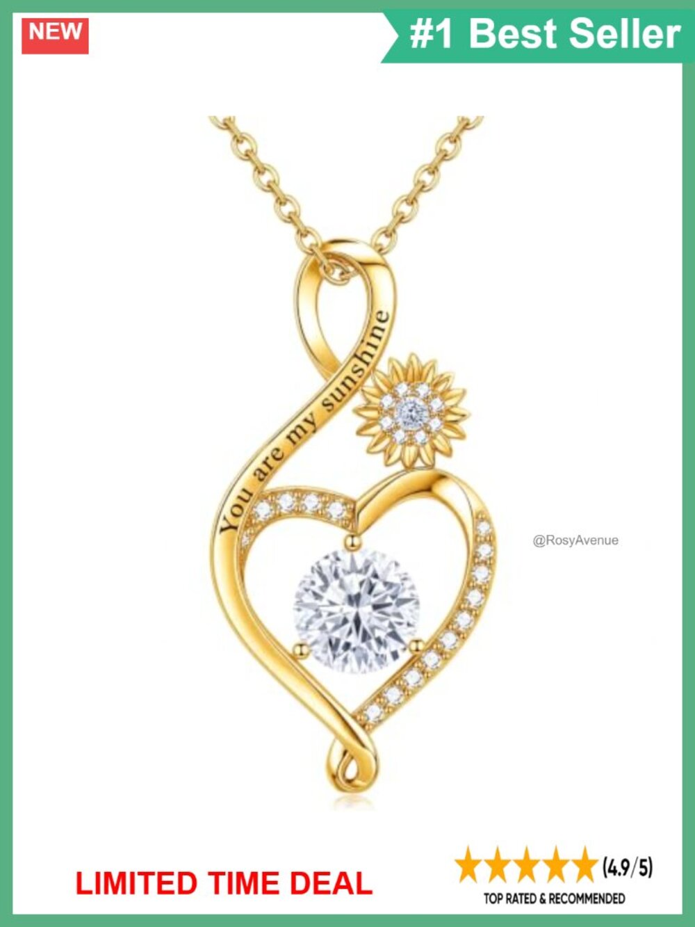 18K Gold Heart Birthstone Sunflower Pendant Necklace You Are My Sunshine
